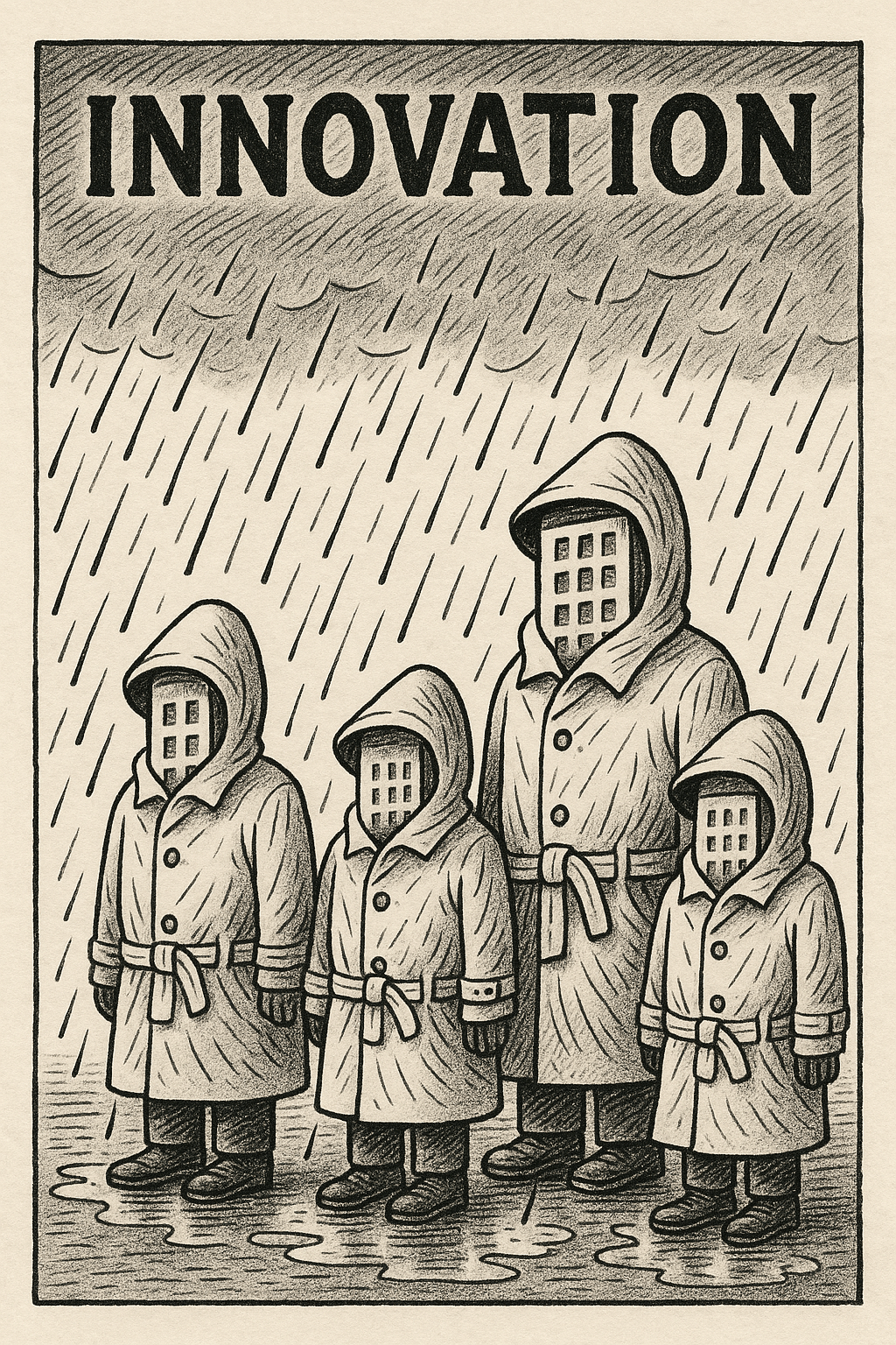 Ilustración de un chubasquero amarillo con gotas de lluvia, representando la protección contra la impermeabilidad empresarial en procesos de innovación